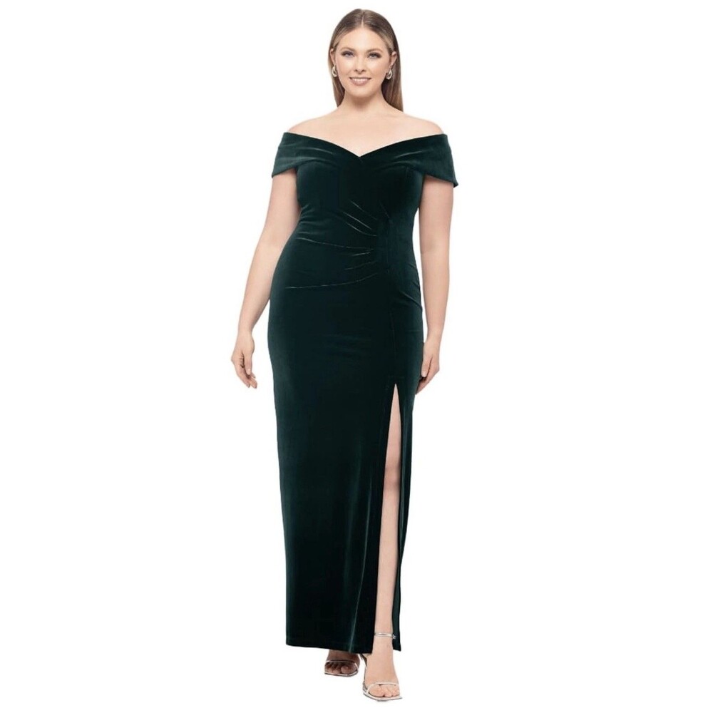 XCAPE Women’s Off-the-Shoulder Velvet Maxi Dress with Draped Detail, Size 22W